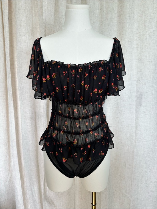 Free People Tops - Free people Black Floral Ruffled Sheer Bodysuit